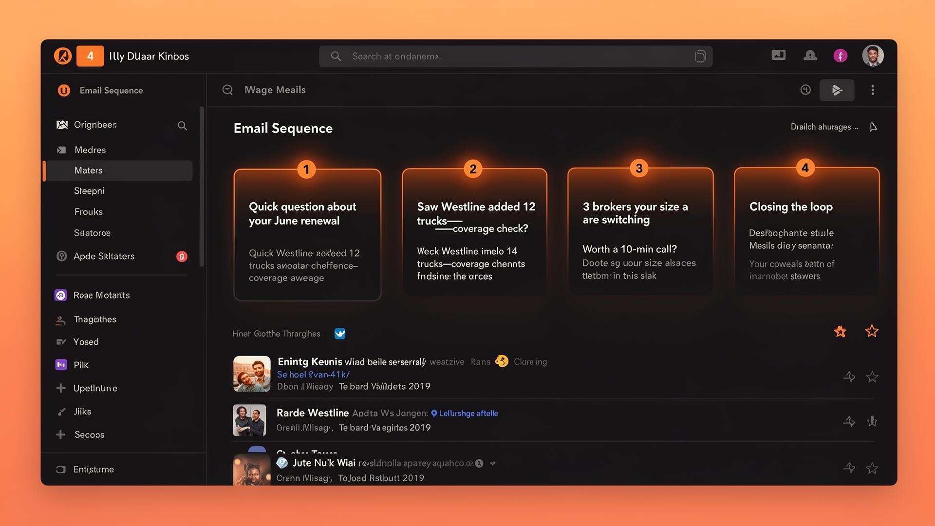 Cleons email sequence builder showing four numbered email cards