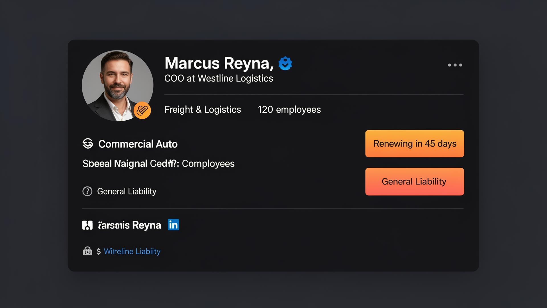 Sample LinkedIn‑style profile of Marcus Reyna, COO at Westline Logistics, with insurance qualification tags