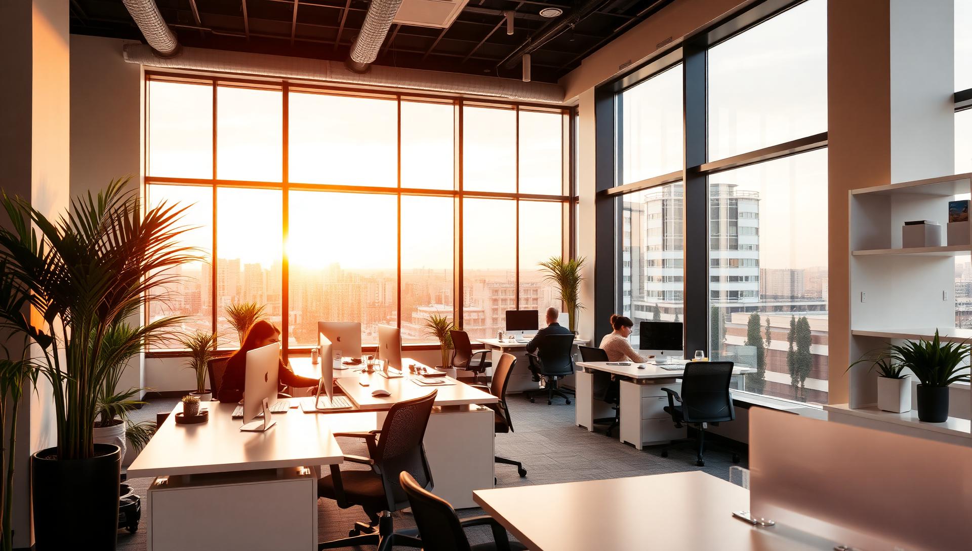 Modern insurance brokerage office at sunset